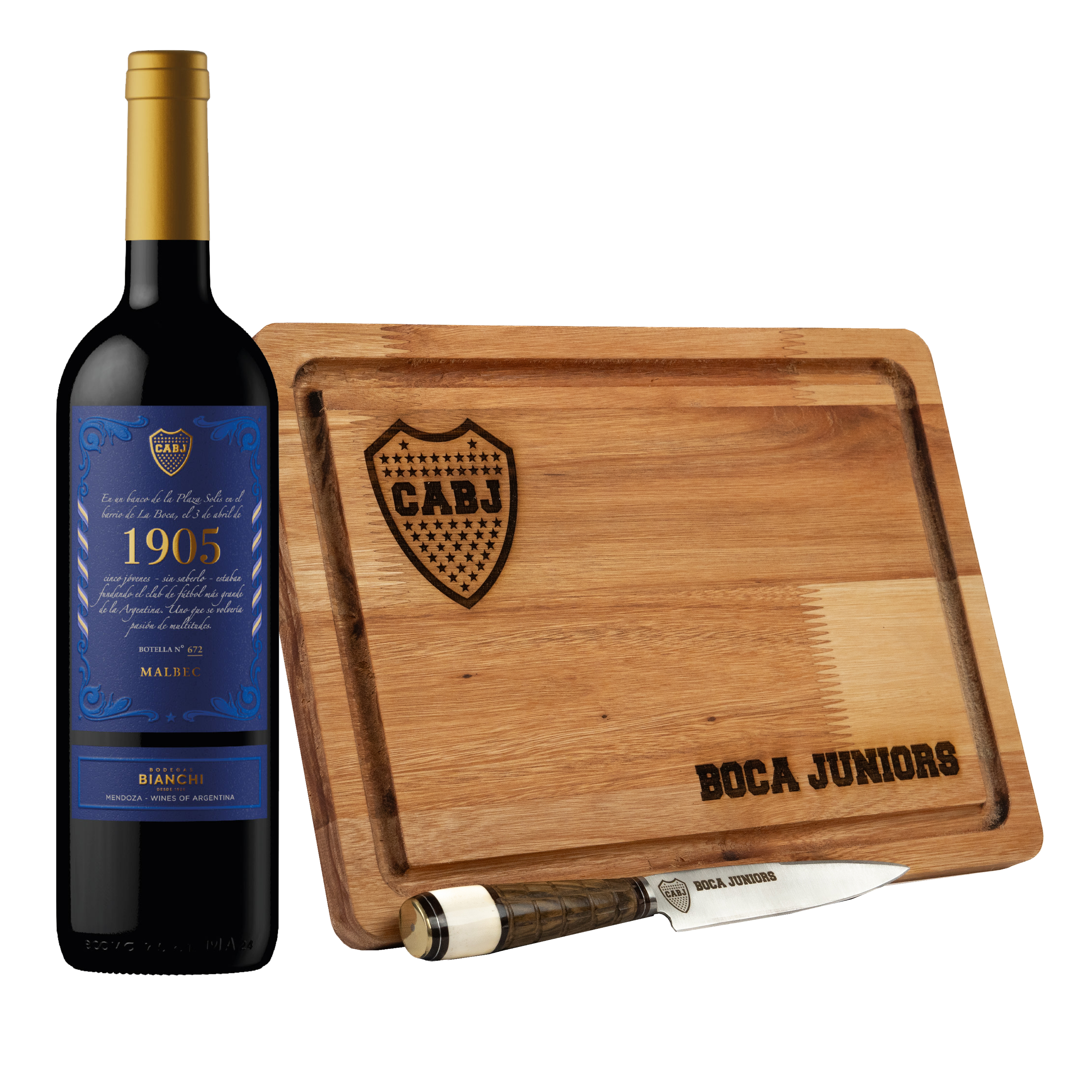 Combo 3 de abril de 1905 + Tabla de asado personalizado + Cuchillo de Boca Jrs
